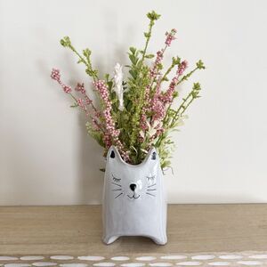 Handmade Pink And Green Faux Floral Arrangement In Cat Planter